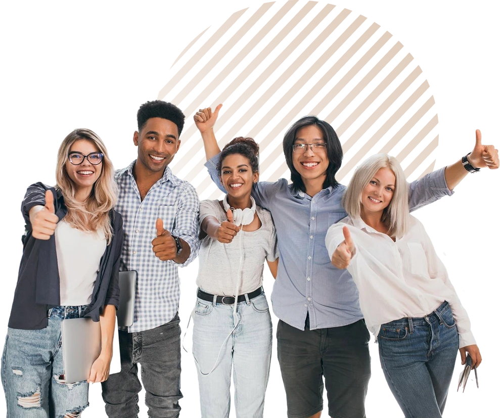 Diverse team of young sales specialists smiling and giving thumbs up, representing Worx1’s positive and expert support