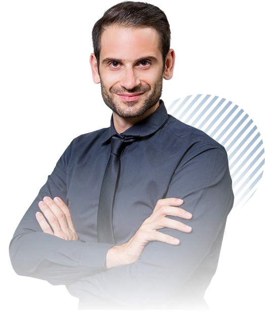 Professional male sales specialist in dark shirt and tie smiling with arms crossed, ready to support lead conversion