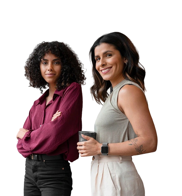 Two confident HR professionals promoting Worx1’s career-focused culture and employee engagement services